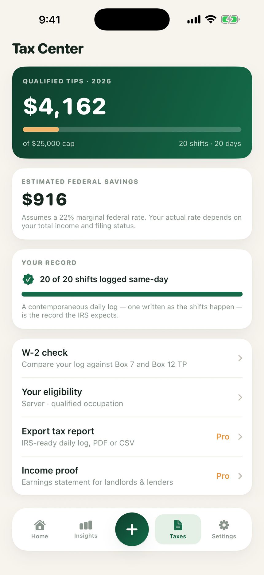 Tax Center showing qualified tips tracked against the annual deduction cap.